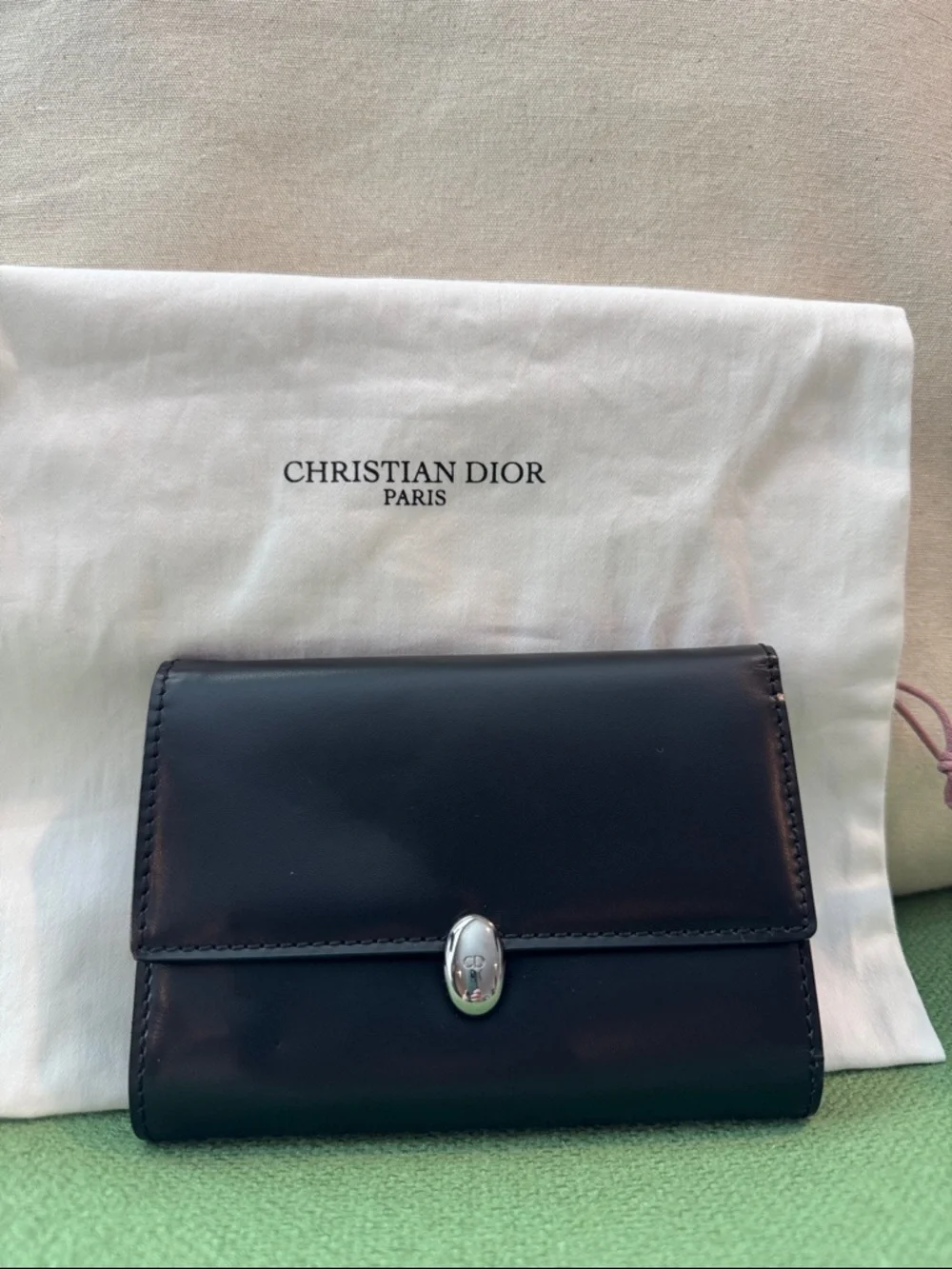 Dior Black Leather Trifold Wallet with Silver-Tone Closure